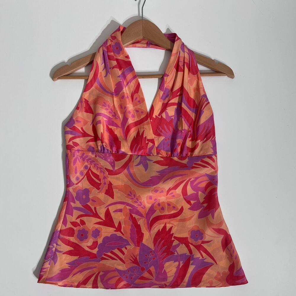 Y2K Express 100% Silk Small Floral Halter Top Orange Tropical Fairy Festival